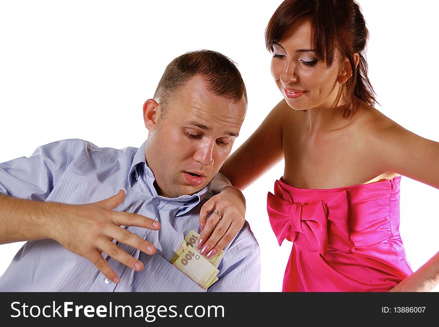 Wife takes away money from husband on white background