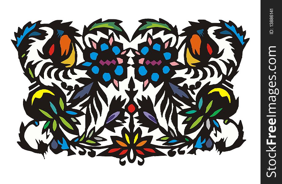 Symmetrical decorative patterns consisting of flowers and leaves on a white background