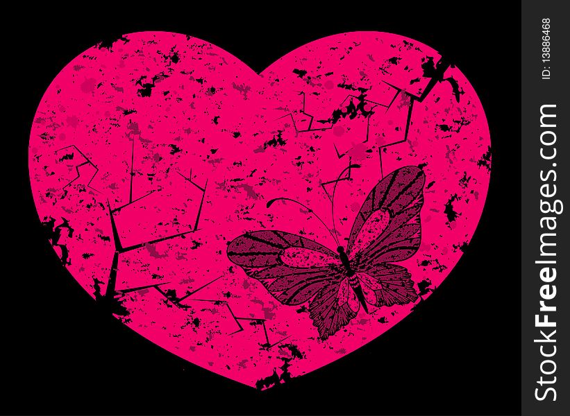 Grunge heart with tropical butterfly