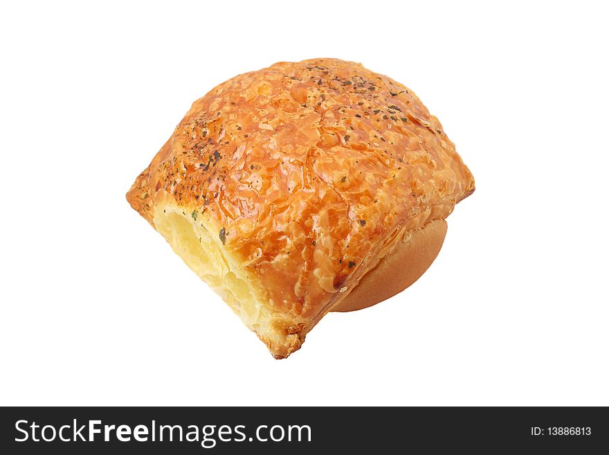 Close up of a chicken bun isolated on white background.