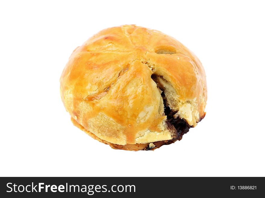 A barbecued chicken bun isolated on white background.