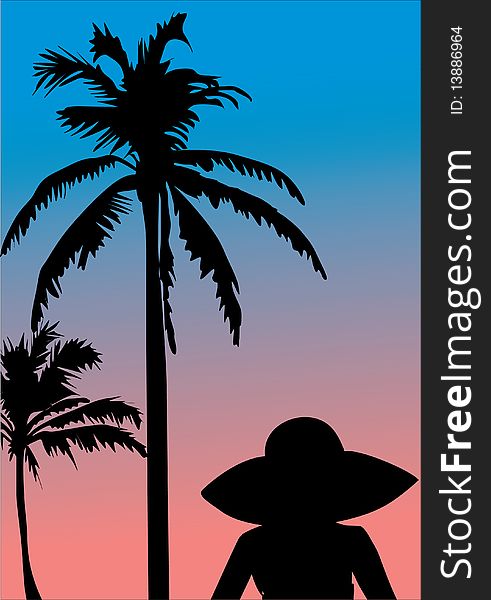 Illustration with palm and woman silhouettes at sunset