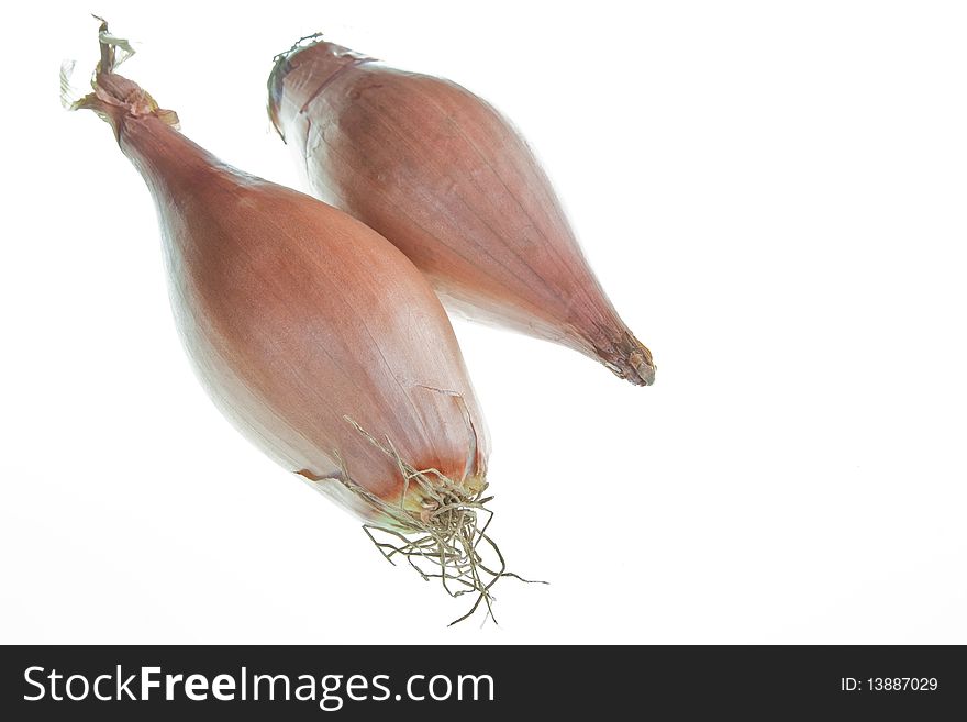 A pair of banana shallots against a white background