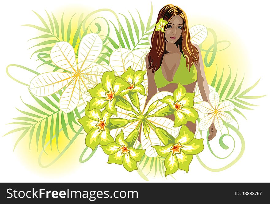 Vector illustration of a beautiful young girl in bikini and surrounded by flowers. Vector illustration of a beautiful young girl in bikini and surrounded by flowers.