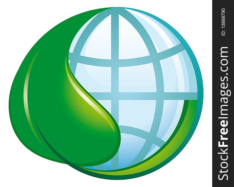 Ecological symbol. Green leaf embraces a planet. Ecological symbol. Green leaf embraces a planet