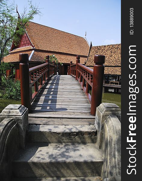 Red Wooden Bridge in Thai Ancient City