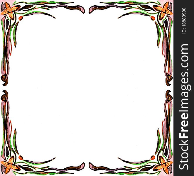 Artistic frame composed with flowers and decoration. An illustration that can be used for all projects involving nature and flowers but also as a frame for a greeting card, a birthday card or an invitation. Artistic frame composed with flowers and decoration. An illustration that can be used for all projects involving nature and flowers but also as a frame for a greeting card, a birthday card or an invitation.