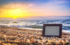 Photo Frame On Sand Background In Summer, Sea At Sunset Place For Lettering, Copy Space Royalty Free Stock Image