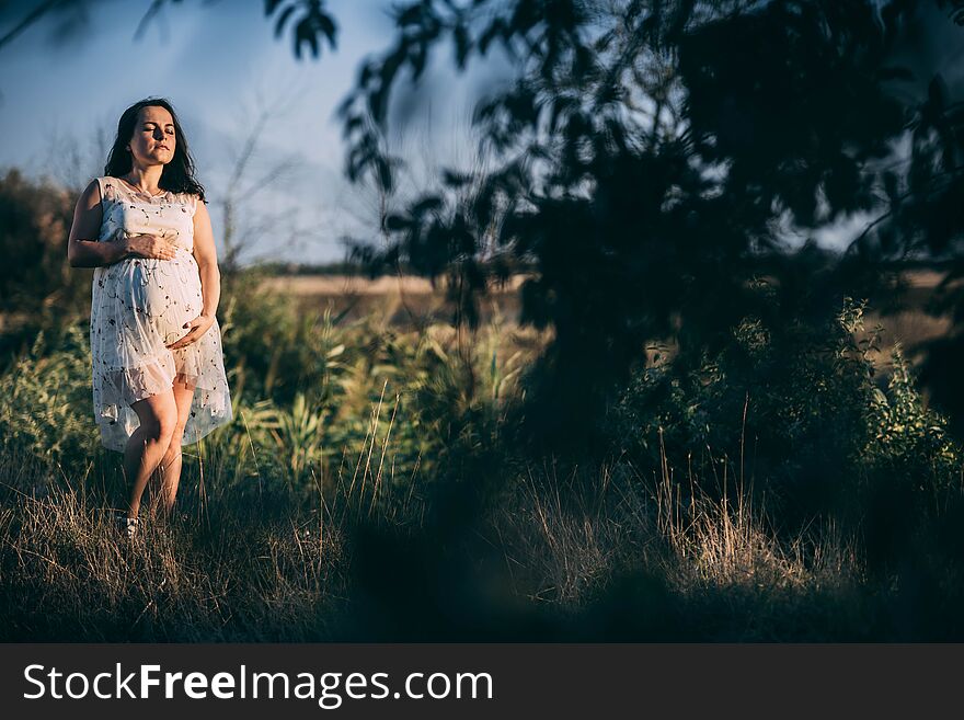 Pregnant girl at sunset in a loose dress in nature alone