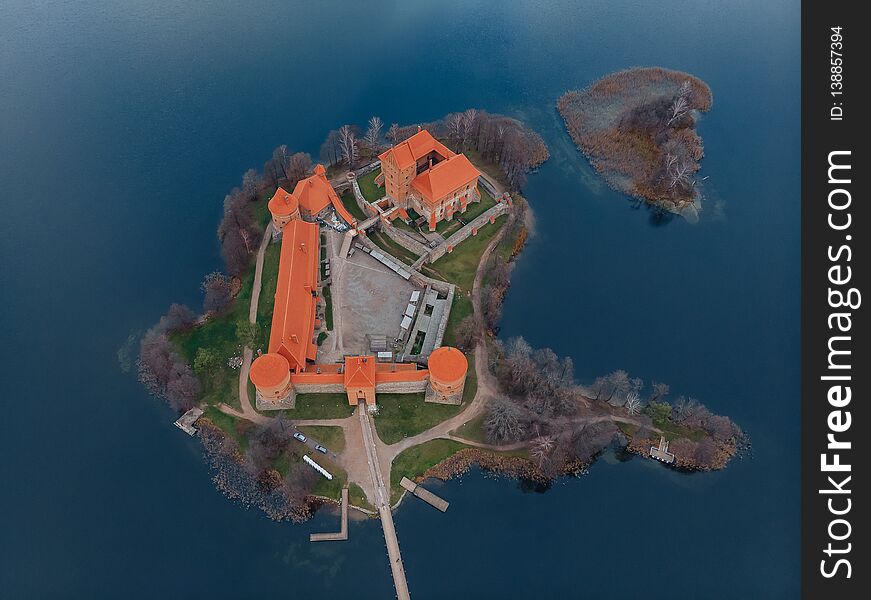Trakai castle aerial drone view, Lithuania