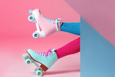 Woman With Vintage Roller Skates On Color Background Royalty Free Stock Photo Woman With Vintage Roller Skates On Color Background Royalty Free Stock Photo