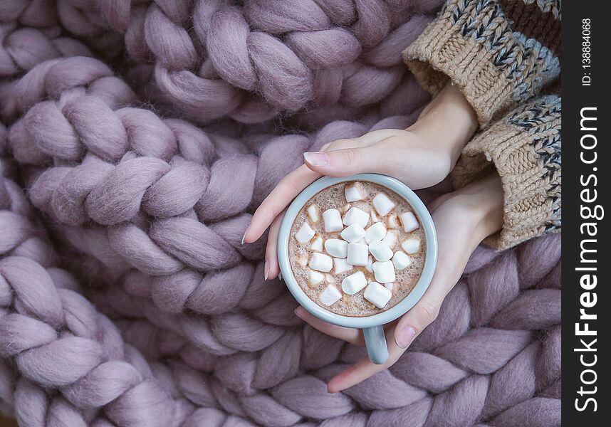 Cozy Hugge Rug In The Interior, Scandinavian Style, Merino Wool Handmade, Women`s Hands And Mug Of Coffee