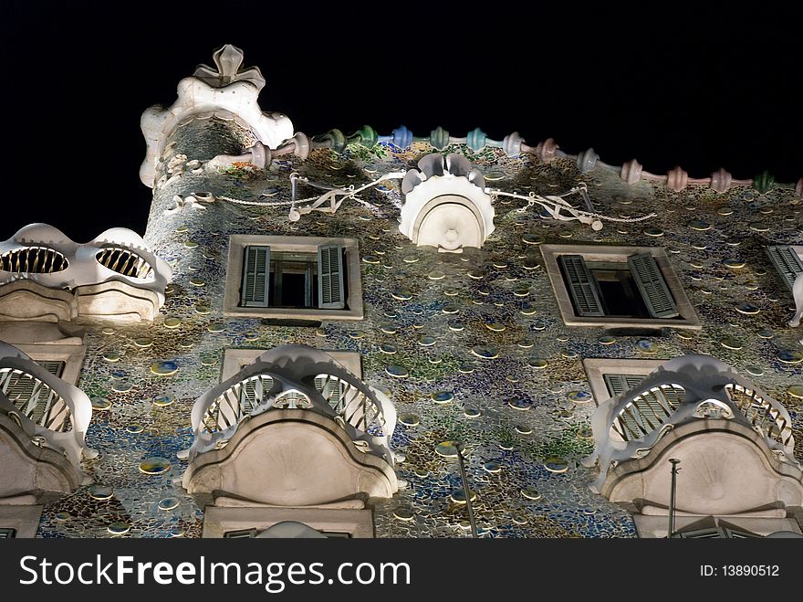 The roof of Casa Batllo at night, in Barcelona, Spain. A wonderful building of the Catalan architect Antoni Gaudi, 1907