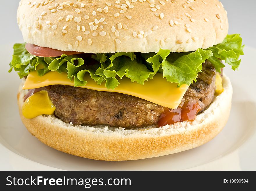 Cheeseburger with lettuce and tomato on white plate