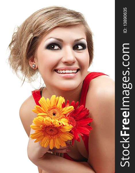Portrait of Beautiful woman with flowers isolated on white. Portrait of Beautiful woman with flowers isolated on white