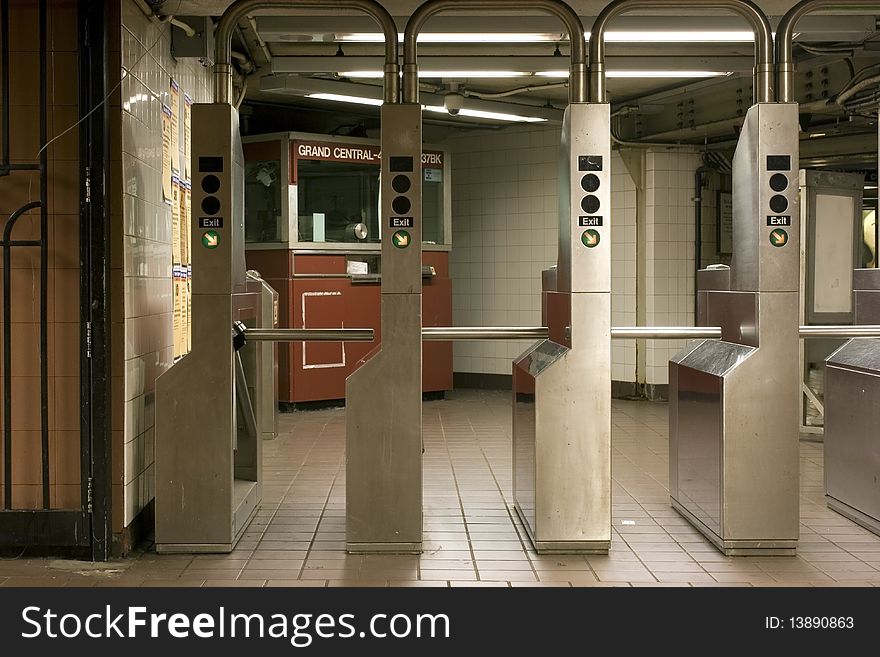 Exit turnstiles in a subway station, New York City