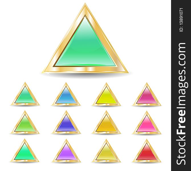 Several brilliant varicoloured triangular buttons on gold base