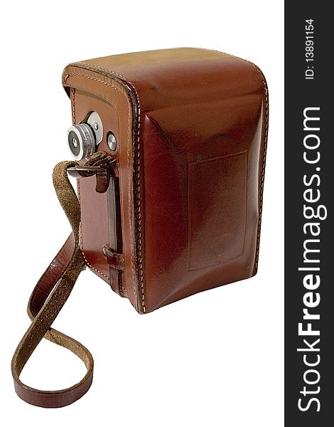 Old camera in brown leather case