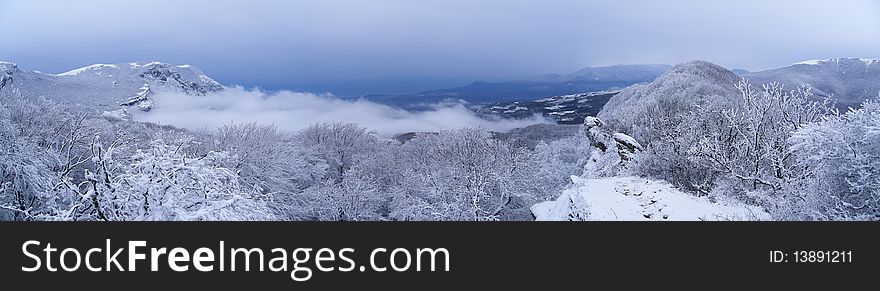 The panoram of winter mountains in Crimea. The panoram of winter mountains in Crimea