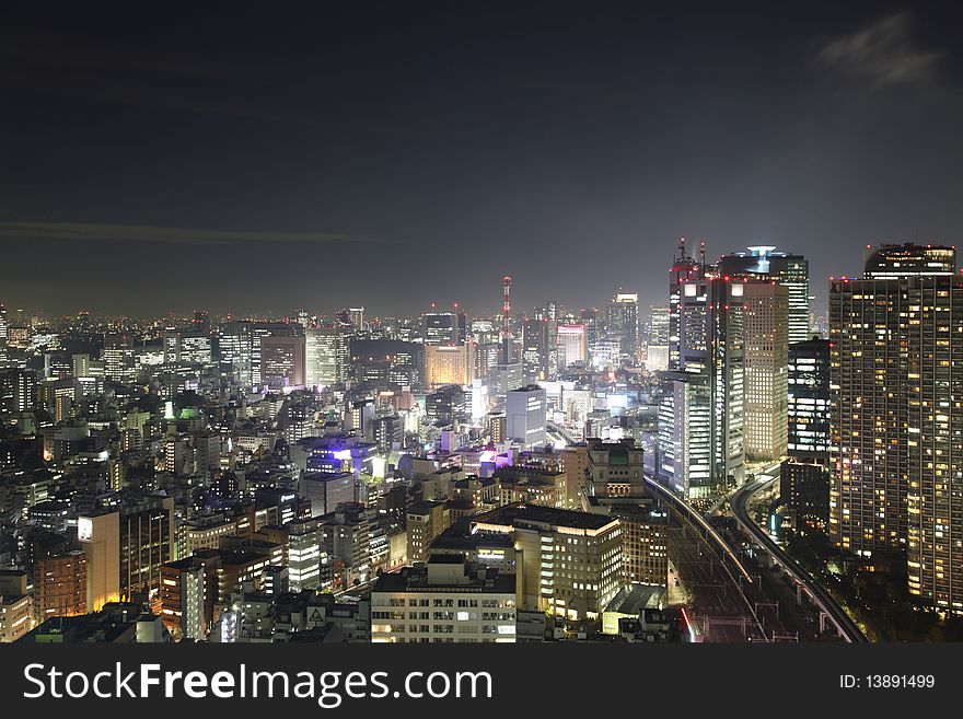 Illuminated Tokyo City in Japan at night from high above