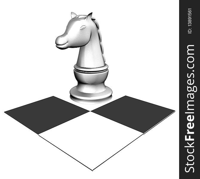 A knight, made of silver, resting on a chessboard. A knight, made of silver, resting on a chessboard