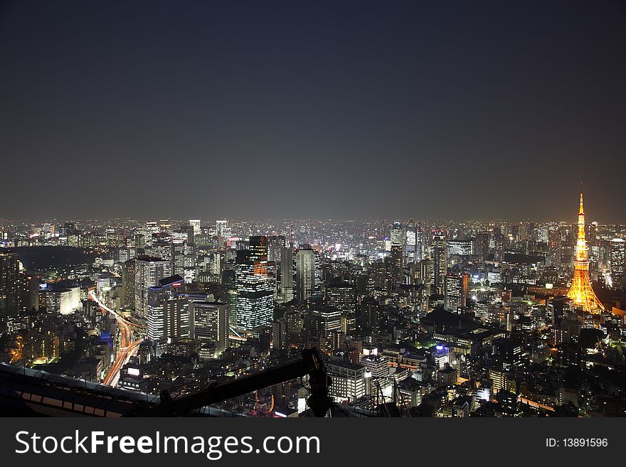 Illuminated Tokyo City in Japan at night from high above