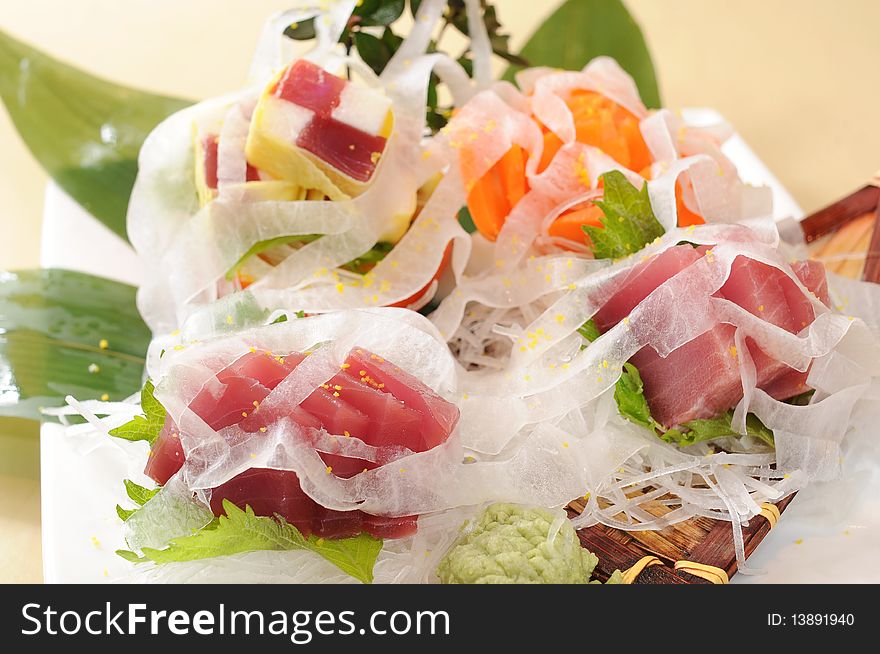 Japanese sashimi on a white dish