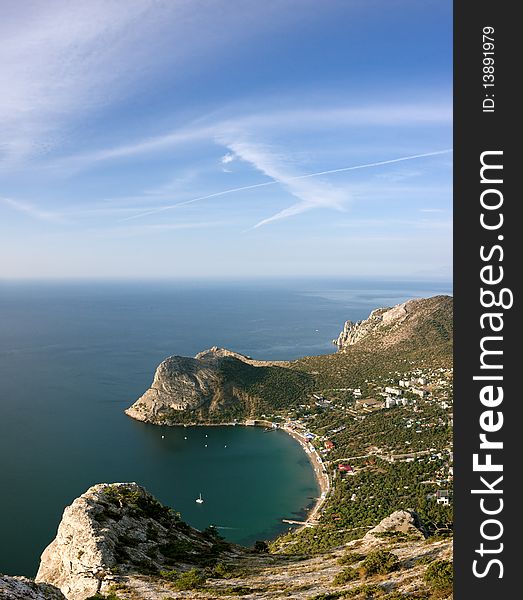 View on town from mountains on Crimea coast with creek. View on town from mountains on Crimea coast with creek