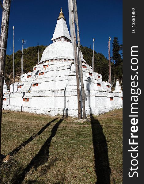 White and old preyer stupa in Bhutan