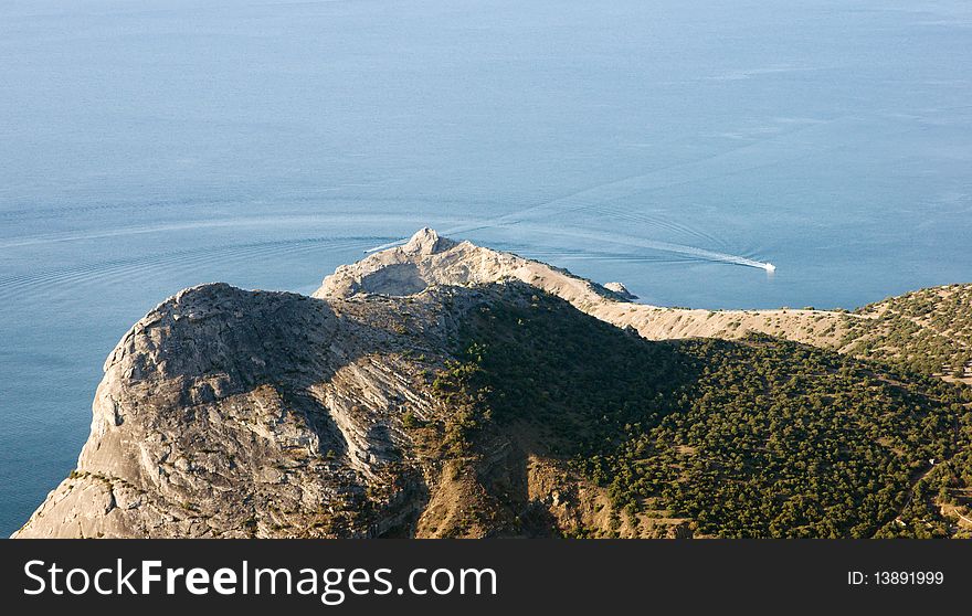 Crimea mountains and Black sea landscape with boats. Crimea mountains and Black sea landscape with boats