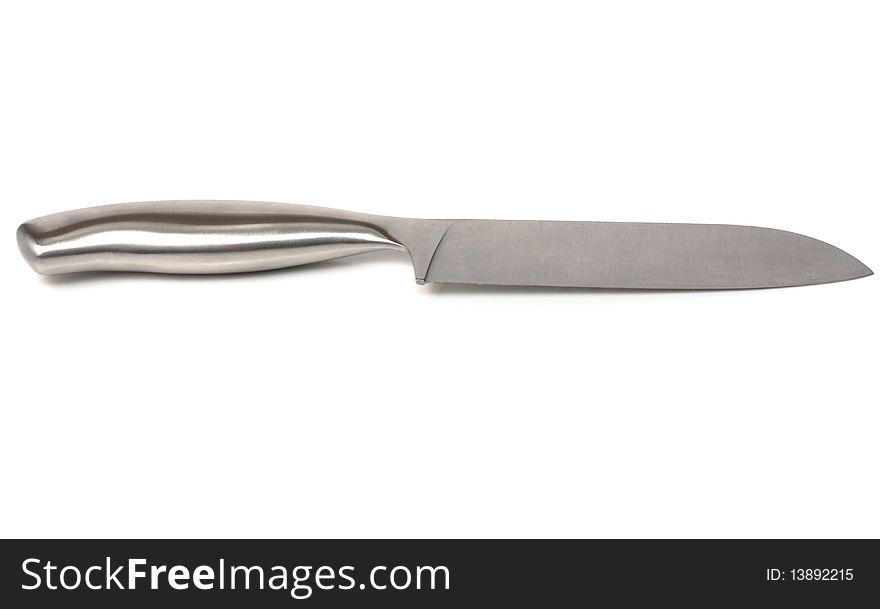 Large metallic knife on a white background