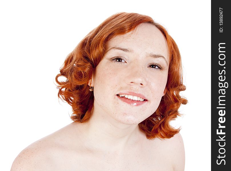 Redhead girl with freckles isolated on white. Redhead girl with freckles isolated on white