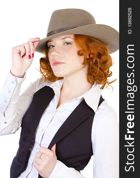 Redhead girl in hat isolated on white