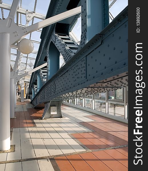 Pedestrian bridge of glass and metal inside. Pedestrian bridge of glass and metal inside.