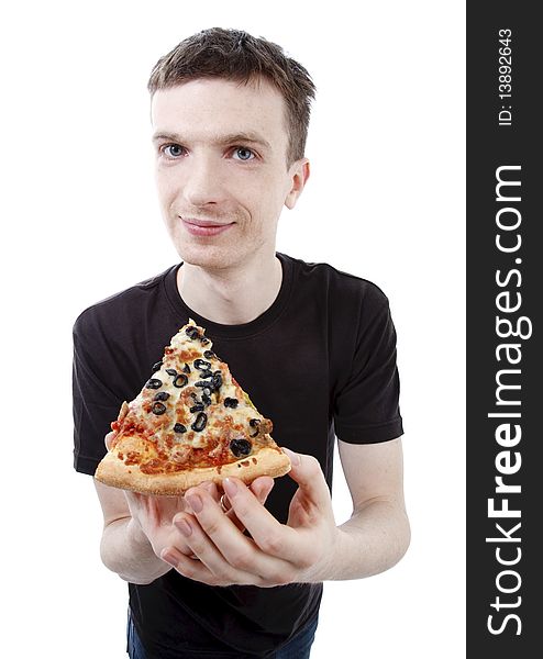 Young man with pizza isolated on white