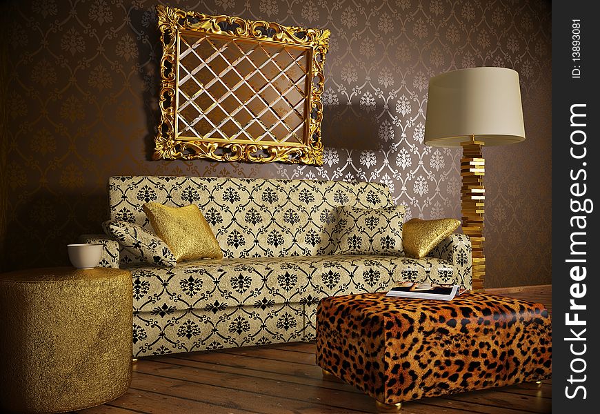 Luxurious interior  with brown wall and gold frame