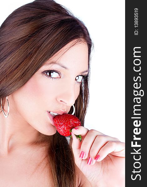 Beautiful  young woman hold  fresh strawberry, isolated on white