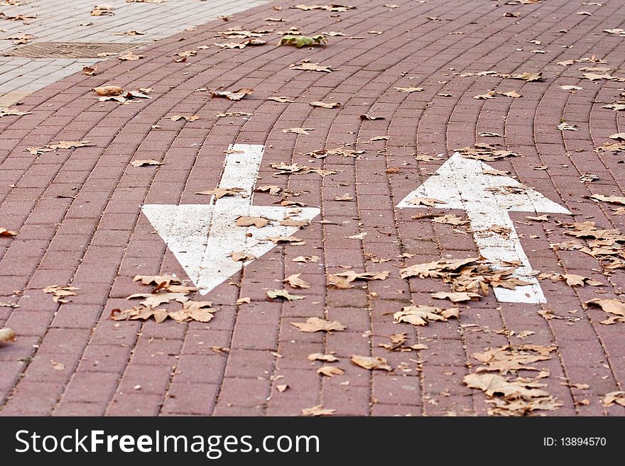 Directional signs with arrows on the road