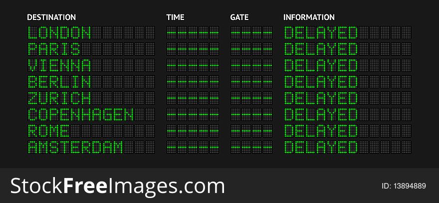 Airport Flight Information Board Showing Delayed State. Airport Flight Information Board Showing Delayed State.