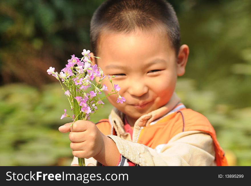 A naughty boy holding a bunch of clover flowers in hand.