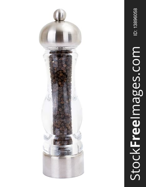 Glass grinder of pepper isolated on a