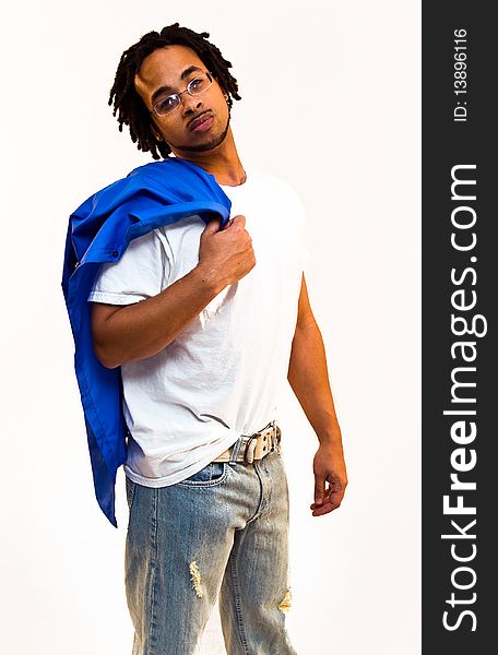 Middle to upper twenty year old adult male model posing on a white background. Middle to upper twenty year old adult male model posing on a white background.