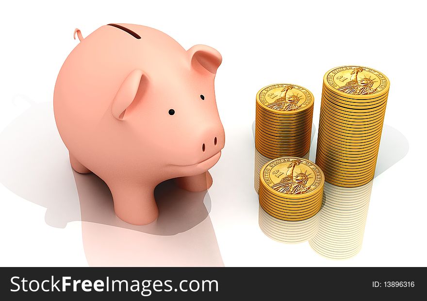 Piggy bank and gold coins