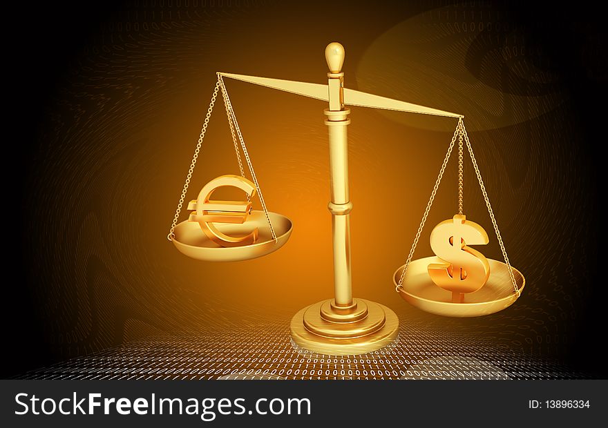 Digital illustration of balancing scale  euro and dollar in color background