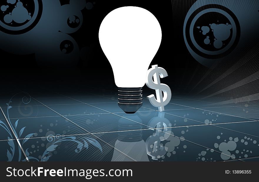Digital illustration of bulb and dollar sign in color background