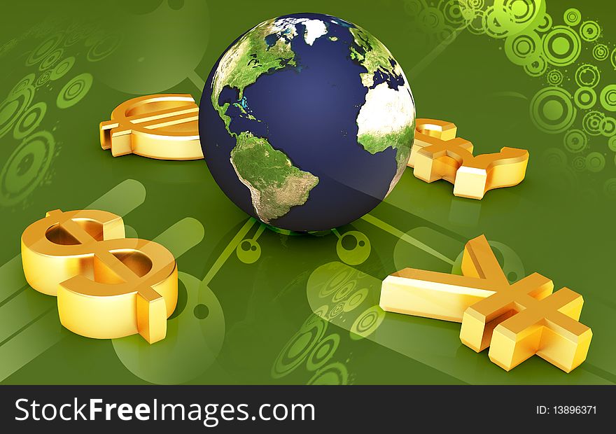 Digital illustration of world and world currency in color background