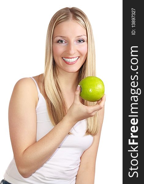 Caucasian blond woman with apple on isolated background