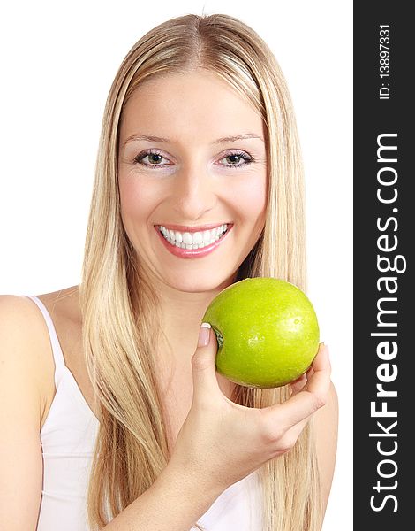 Caucasian blond woman with apple on isolated background