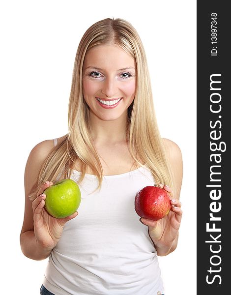 Caucasian blond woman holding apples
