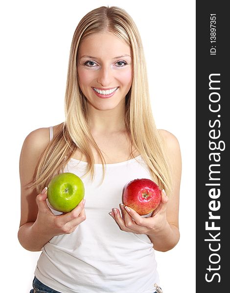 Caucasian blond woman with apple on isolated background